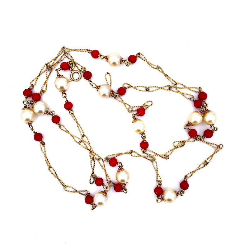 Collana vintage lunga, corallo, perle e catena alternata cordonetto oro - 85 cm; 22.19 gr