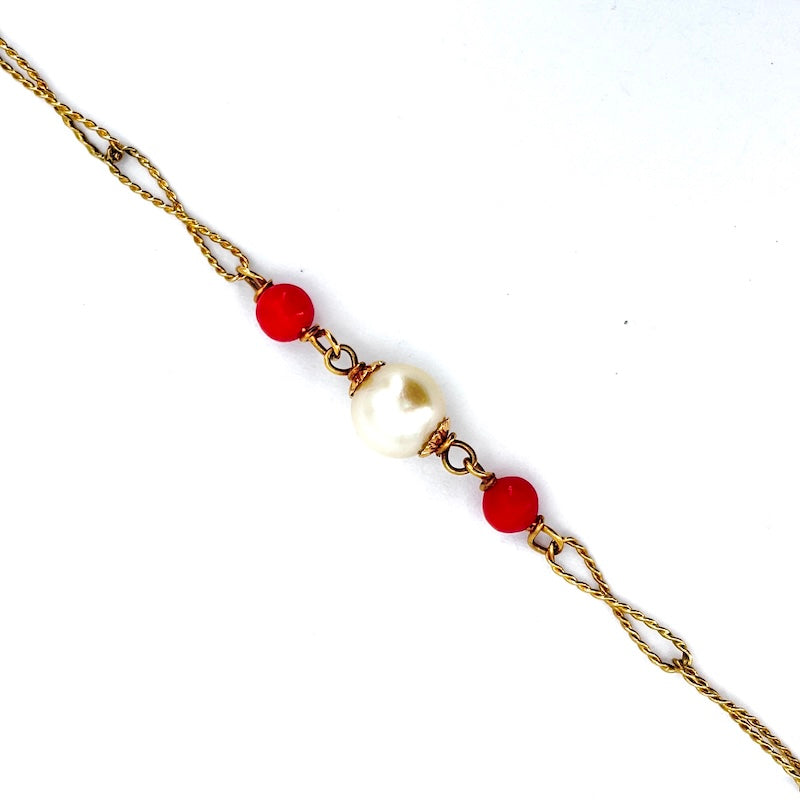 Collana vintage lunga, corallo, perle e catena alternata cordonetto oro - 85 cm; 22.19 gr