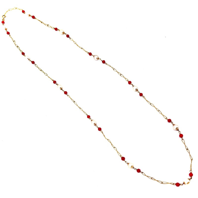 Collana vintage lunga, corallo, perle e catena alternata cordonetto oro - 85 cm; 22.19 gr