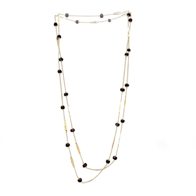 Collana vintage lunga, granato e catena alternata losanghe oro - 130 cm; 27.98 gr