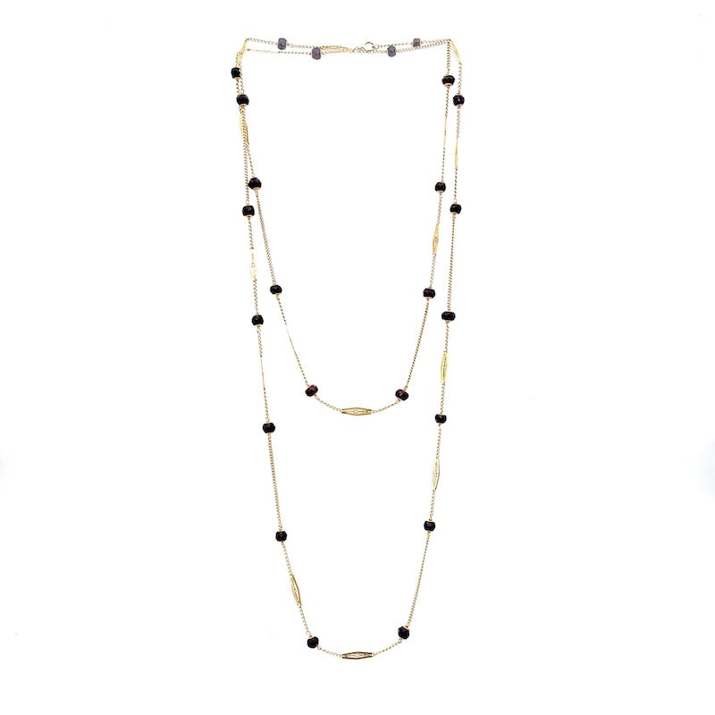 Collana vintage lunga, granato e catena alternata losanghe oro - 130 cm; 27.98 gr