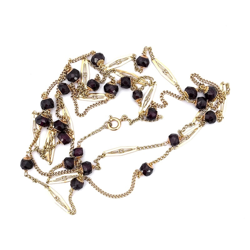 Collana vintage lunga, granato e catena alternata losanghe oro - 130 cm; 27.98 gr