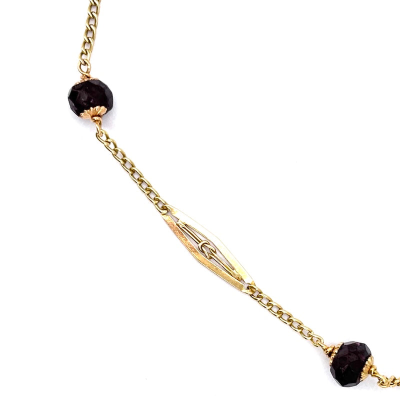 Collana vintage lunga, granato e catena alternata losanghe oro - 130 cm; 27.98 gr
