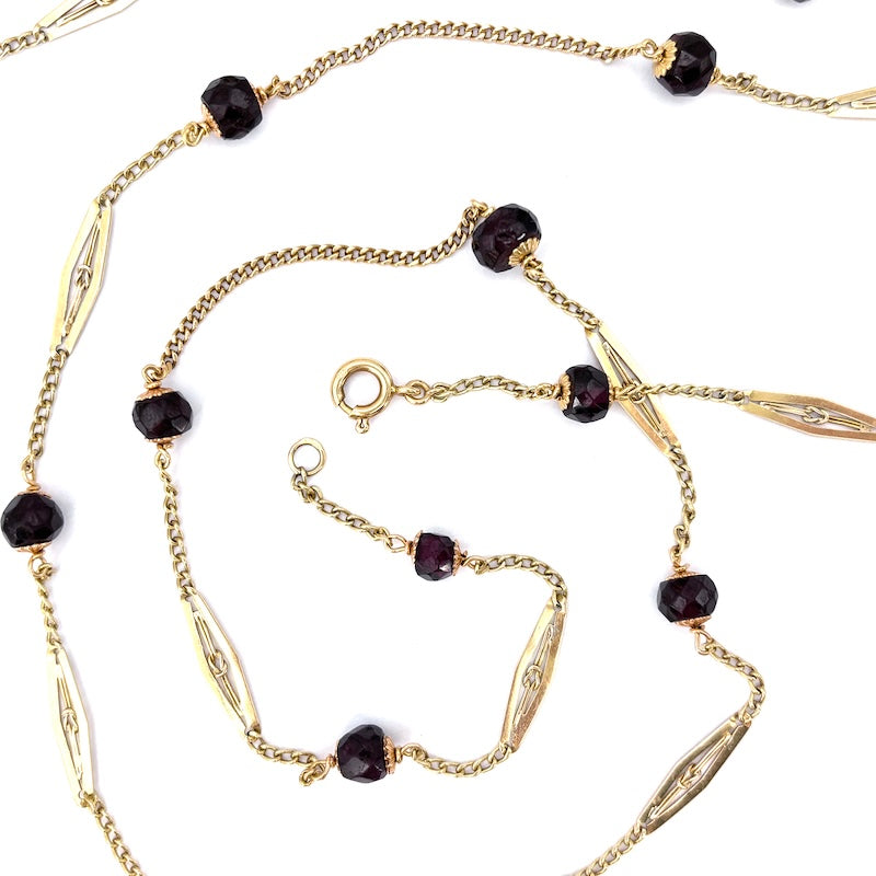 Collana vintage lunga, granato e catena alternata losanghe oro - 130 cm; 27.98 gr