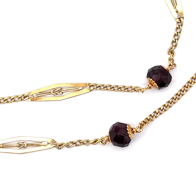 Collana vintage lunga, granato e catena alternata losanghe oro - 130 cm; 27.98 gr