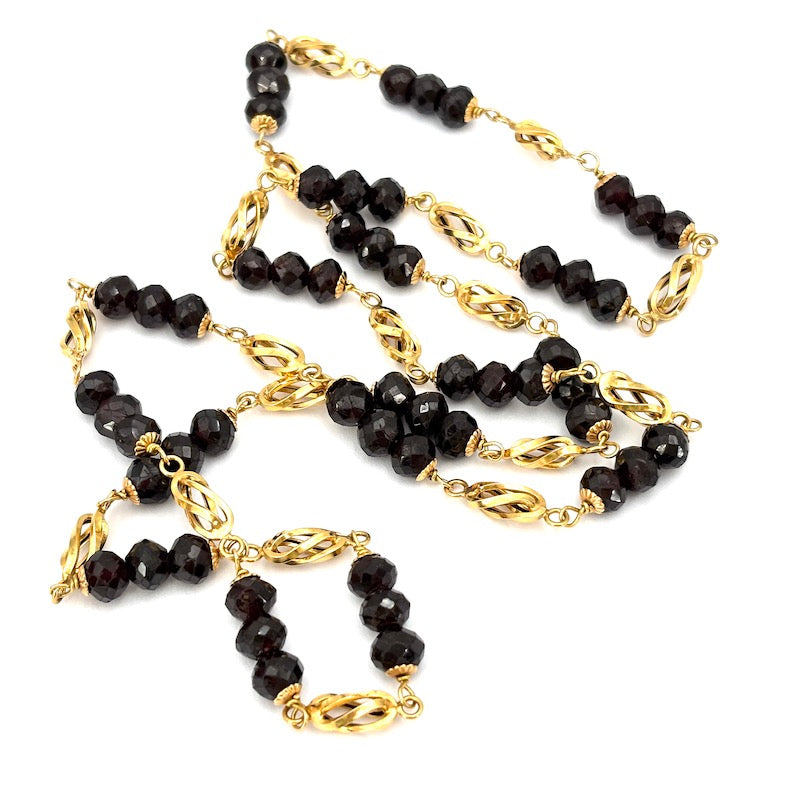 Collana vintage lunga, granato e catena alternata oro - 78 cm; 49.95 gr