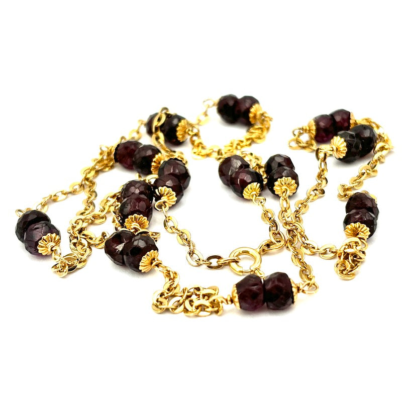 Collana vintage lunga, granato e catena alternata oro - 82 cm; 26.35 gr