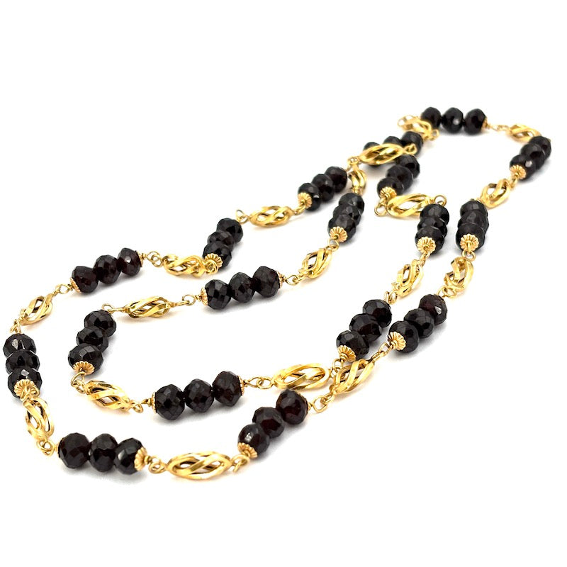 Collana vintage lunga, granato e catena alternata oro - 78 cm; 49.95 gr