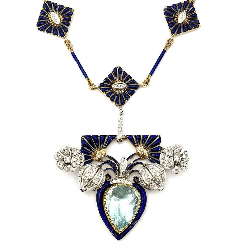 Collier capolavoro acquamarina, brillanti, smalti blu - 41 cm; 56.4 gr