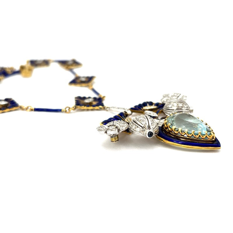 Collier capolavoro acquamarina, brillanti, smalti blu - 41 cm; 56.4 gr