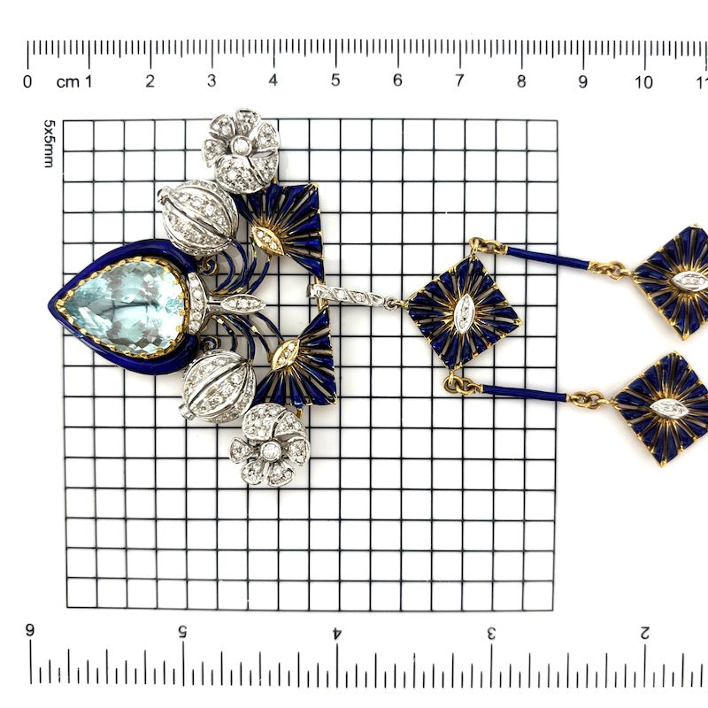 Collier capolavoro acquamarina, brillanti, smalti blu - 41 cm; 56.4 gr