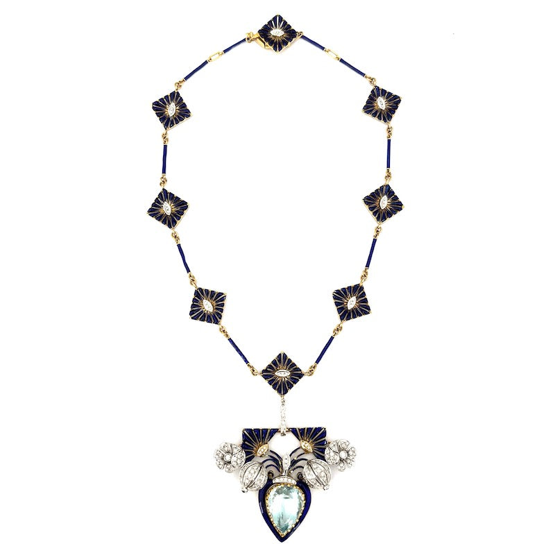 Collier capolavoro acquamarina, brillanti, smalti blu - 41 cm; 56.4 gr