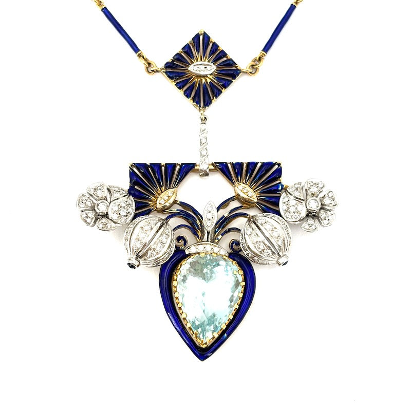Collier capolavoro acquamarina, brillanti, smalti blu - 41 cm; 56.4 gr