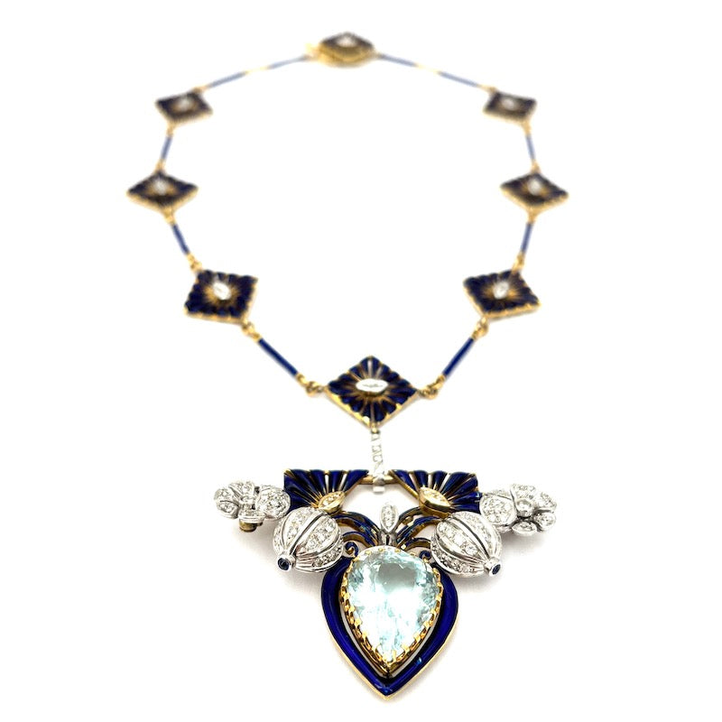 Collier capolavoro acquamarina, brillanti, smalti blu - 41 cm; 56.4 gr