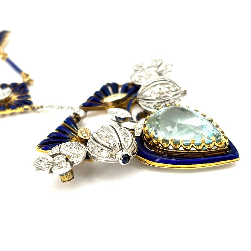 Collier capolavoro acquamarina, brillanti, smalti blu - 41 cm; 56.4 gr