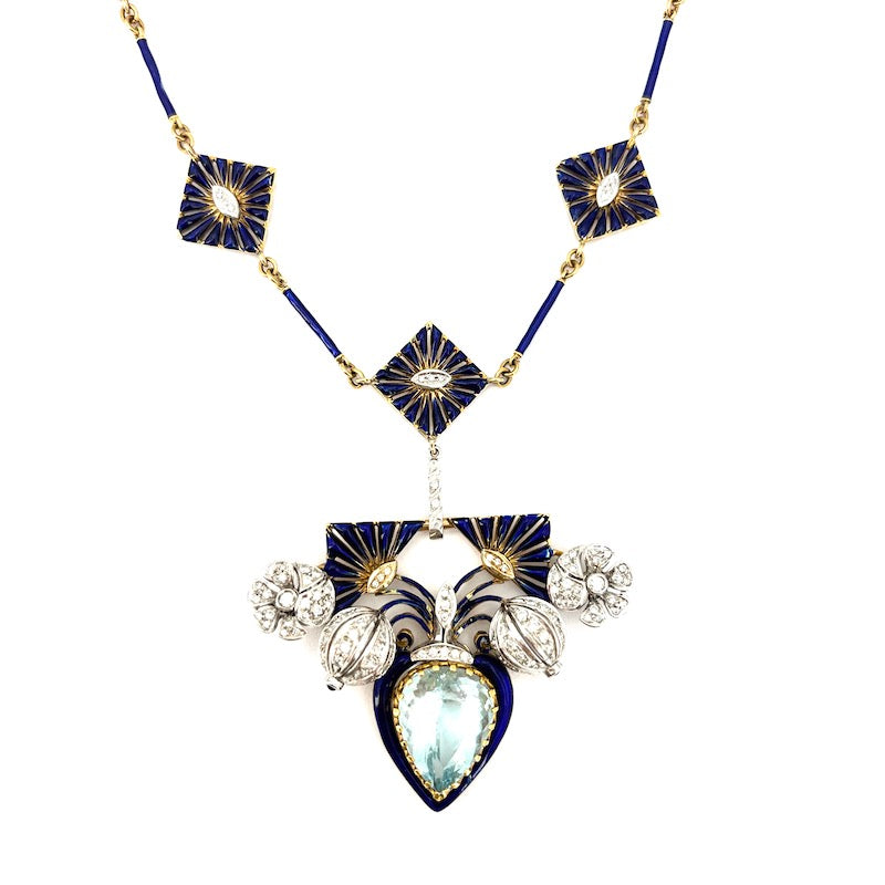 Collier capolavoro acquamarina, brillanti, smalti blu - 41 cm; 56.4 gr