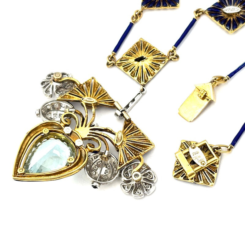 Collier capolavoro acquamarina, brillanti, smalti blu - 41 cm; 56.4 gr