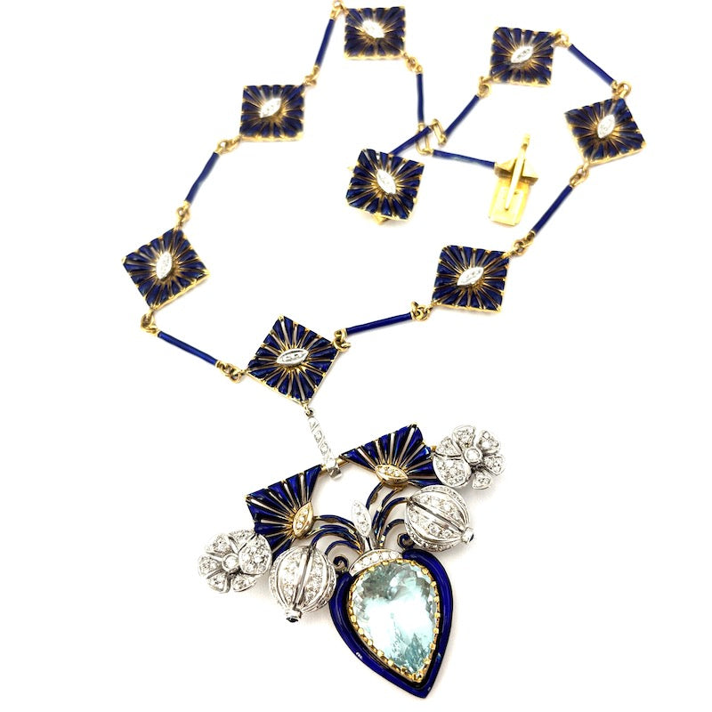 Collier capolavoro acquamarina, brillanti, smalti blu - 41 cm; 56.4 gr