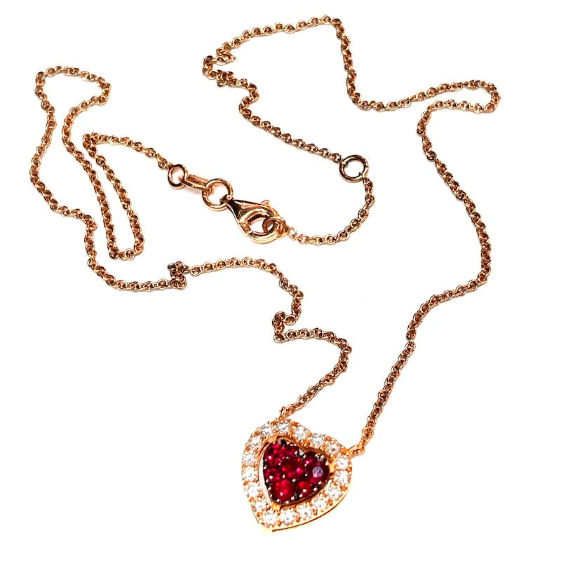 Collier cuore rubino, brillanti e oro rosa; 5.41 gr