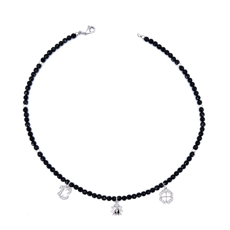 Collier strangolino onice, brillanti e oro, charms porta fortuna; 14.5 gr
