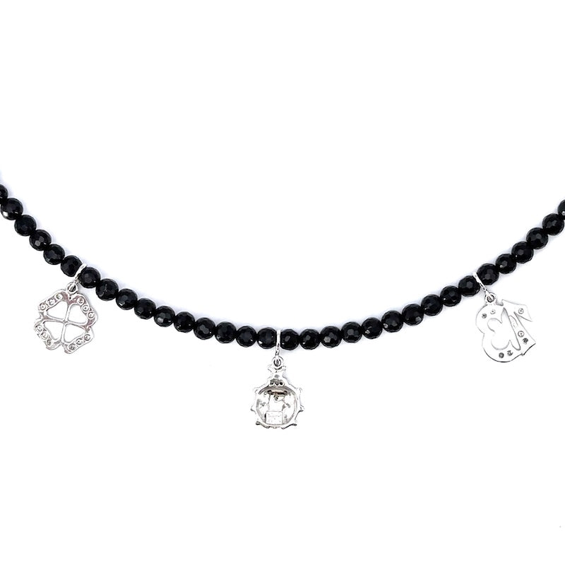Collier strangolino onice, brillanti e oro, charms porta fortuna; 14.5 gr