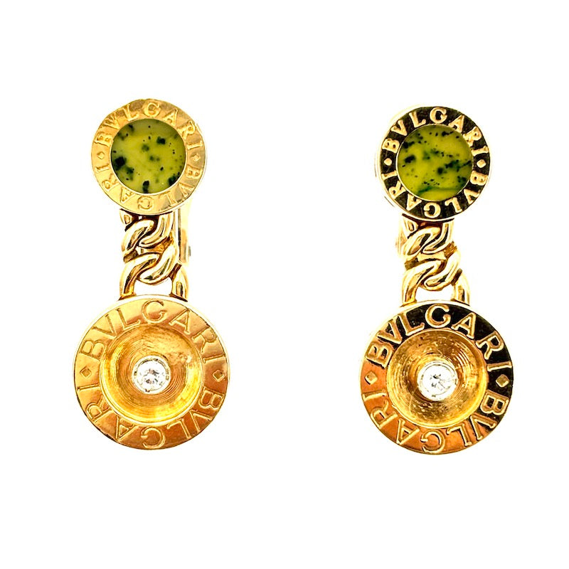 Orecchini Bvlgari, collezione BVLGARI, oro giallo, giada e brillanti, pendenti - 2.8 cm; 16 gr