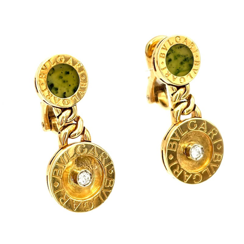 Orecchini Bvlgari, collezione BVLGARI, oro giallo, giada e brillanti, pendenti - 2.8 cm; 16 gr