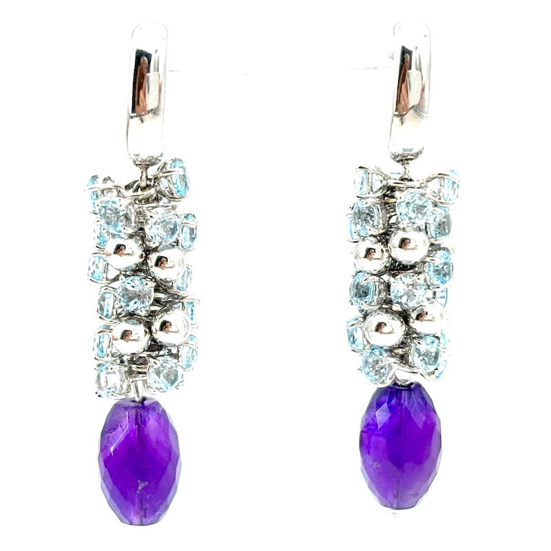 Orecchini ametiste, grappoli topazi azzurri e oro bianco, pendenti - 15.97 gr; 4.9 cm