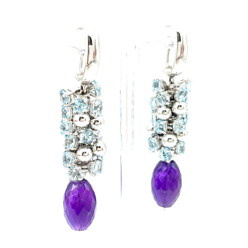 Orecchini ametiste, grappoli topazi azzurri e oro bianco, pendenti - 15.97 gr; 4.9 cm