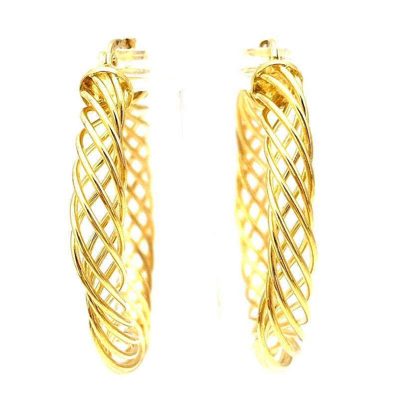 Orecchini anelle cerchi d'oro giallo, traforati a torciglioni; 12.38 gr - 4.3 cm