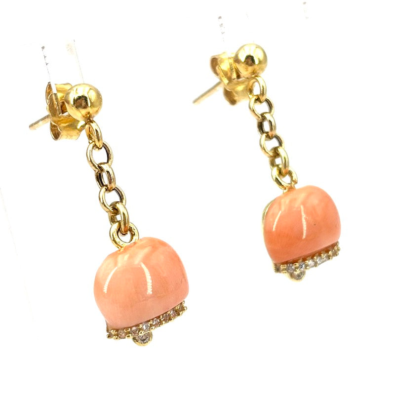 Orecchini camapanelle corallo rosa, pendenti a catenella, argento; 3.75 gr - 2.8 cm
