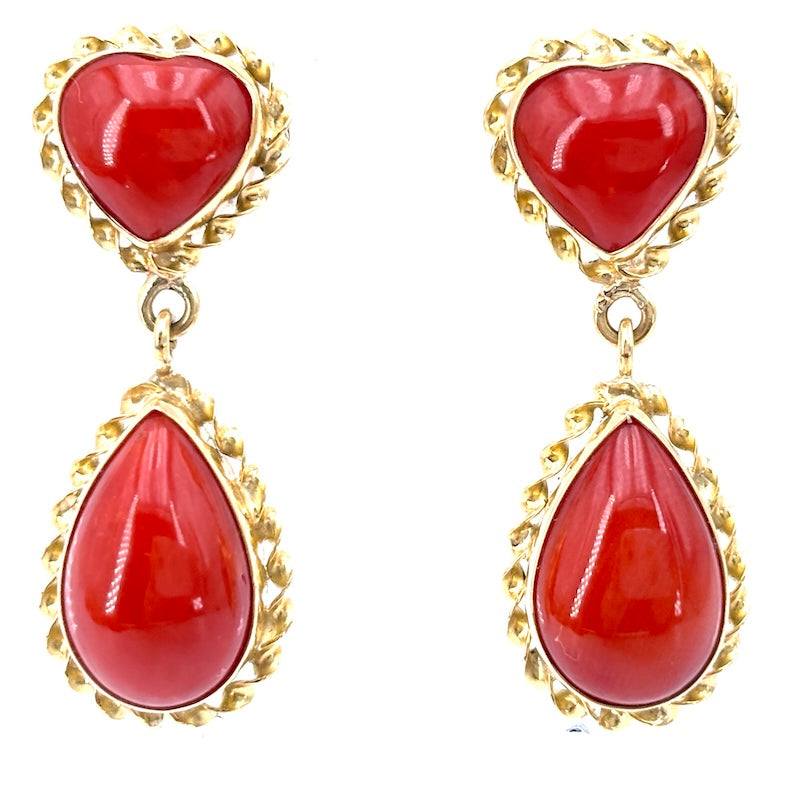 Orecchini cuori e gocce corallo rosso e oro, pendenti; 7.10 gr