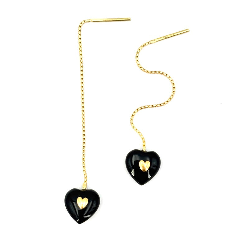 Orecchini cuori onice e oro giallo, pendenti catenella - 5 cm; 2.01 gr