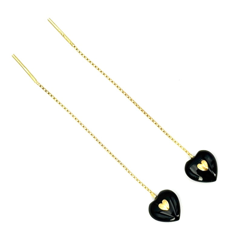 Orecchini cuori onice e oro giallo, pendenti catenella - 5 cm; 2.01 gr