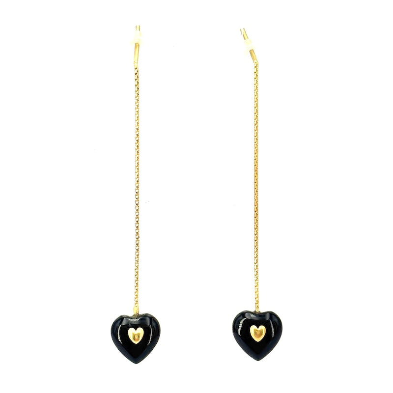 Orecchini cuori onice e oro giallo, pendenti catenella - 5 cm; 2.01 gr