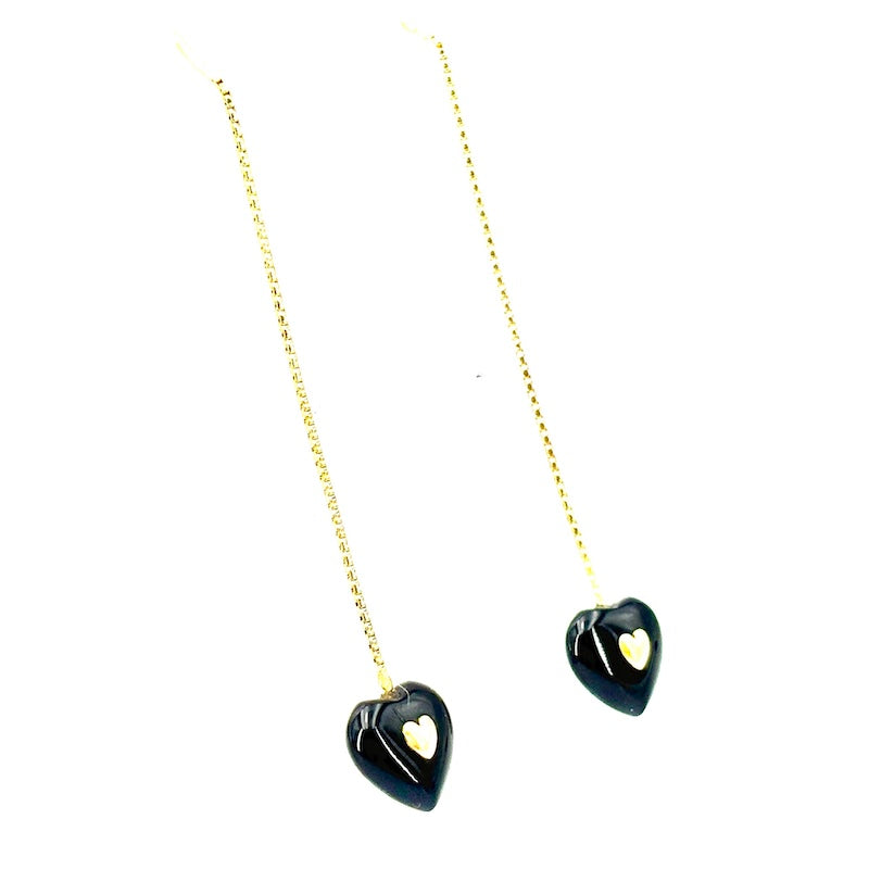 Orecchini cuori onice e oro giallo, pendenti catenella - 5 cm; 2.01 gr