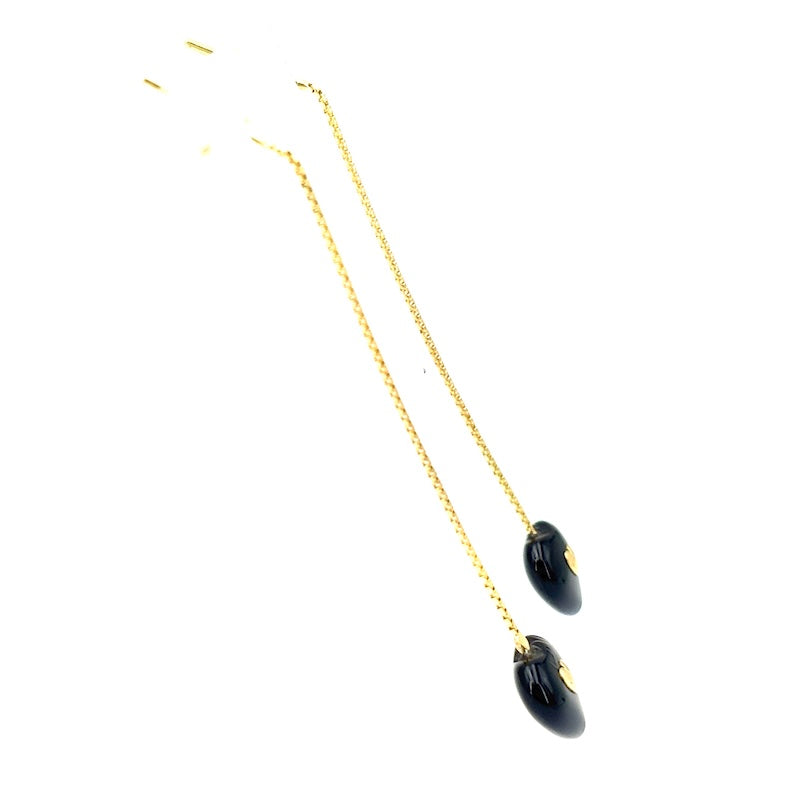 Orecchini cuori onice e oro giallo, pendenti catenella - 5 cm; 2.01 gr
