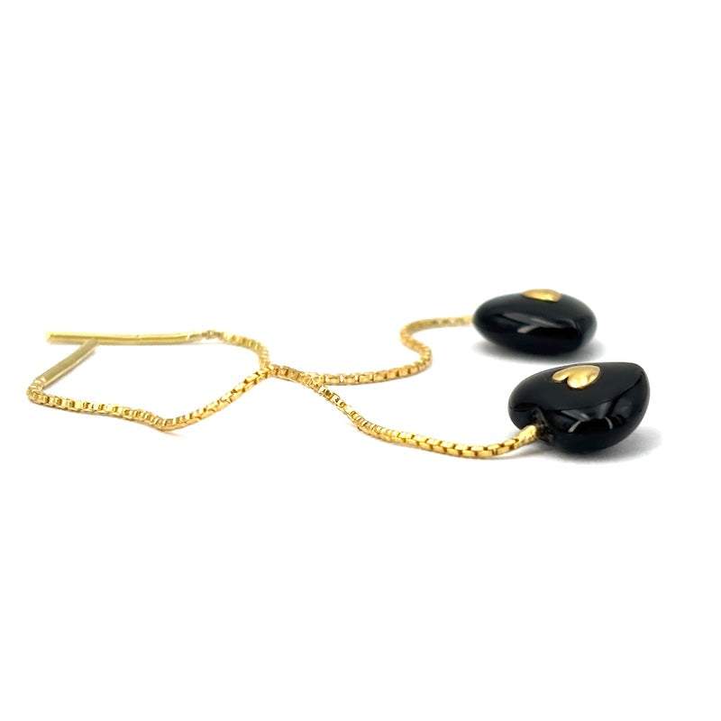 Orecchini cuori onice e oro giallo, pendenti catenella - 5 cm; 2.01 gr