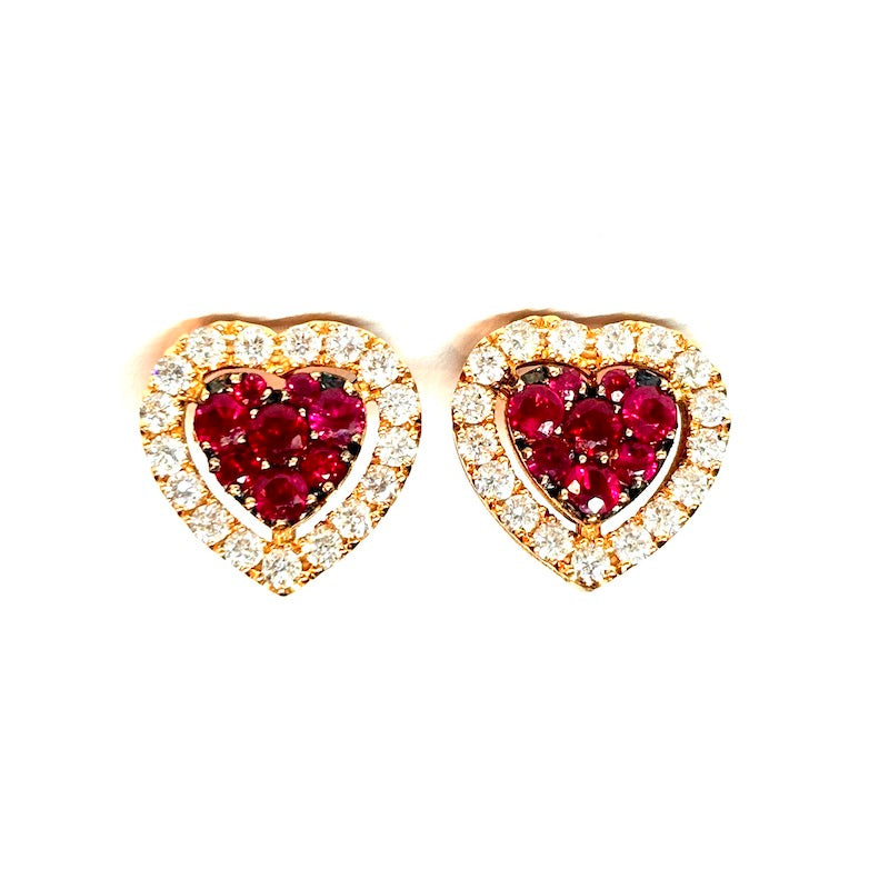 Orecchini cuori rubini, brillanti e oro rosa, al lobo; 7.31 gr