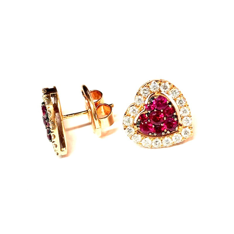Orecchini cuori rubini, brillanti e oro rosa, al lobo; 7.31 gr
