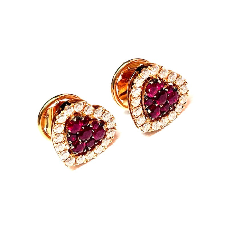 Orecchini cuori rubini, brillanti e oro rosa, al lobo; 7.31 gr