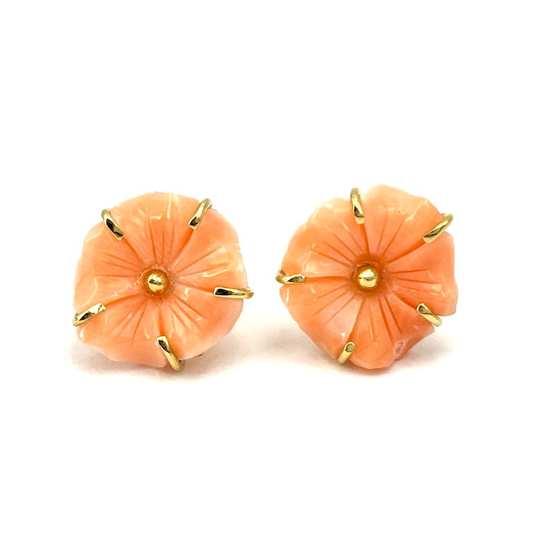 Orecchini fiori corallo rosa al lobo, oro giallo; 2.44 gr