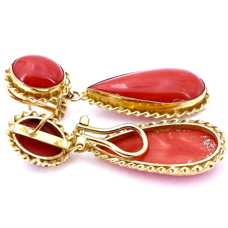 Orecchini corallo rosso e oro, pendenti vintage; 14.51 gr - 4.7 cm