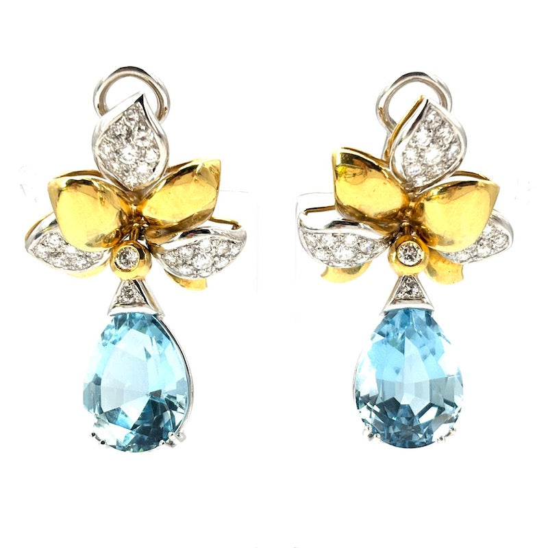 Orecchini pendenti acquamarina e brillanti, capolavoro in oro bicolore; 4 cm - 22.63 gr