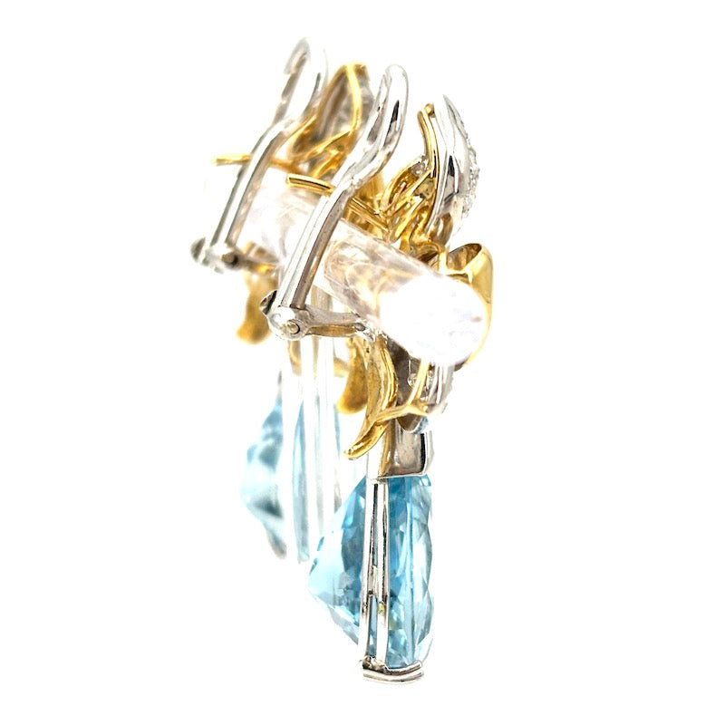Orecchini pendenti acquamarina e brillanti, capolavoro in oro bicolore; 4 cm - 22.63 gr