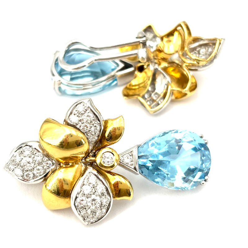 Orecchini pendenti acquamarina e brillanti, capolavoro in oro bicolore; 4 cm - 22.63 gr