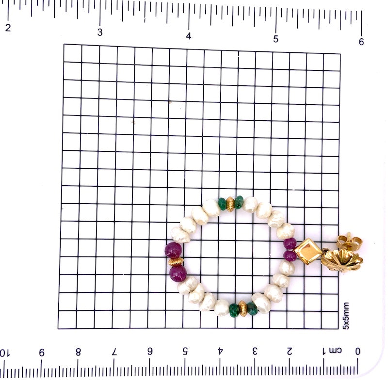 Orecchini pendenti anelle frontali, perle, rubini, smeraldi e oro - 5.3 cm; 10.91 gr