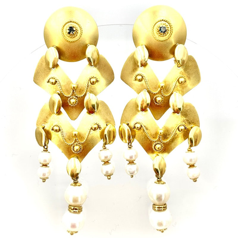 Orecchini pendenti vintage, chandelier, perle e oro - 7 cm; 17.45 gr