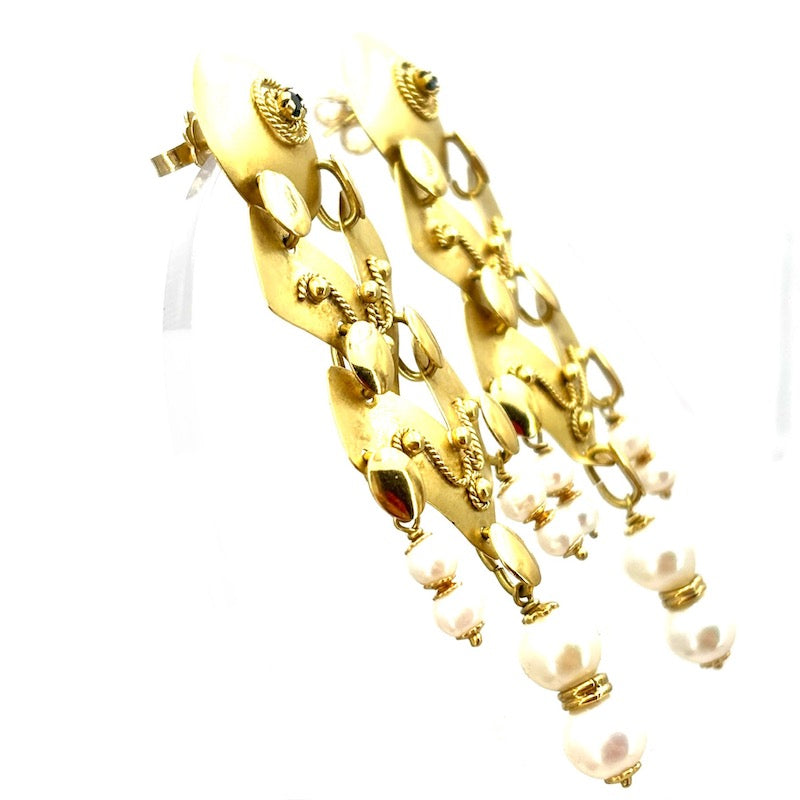 Orecchini pendenti vintage, chandelier, perle e oro - 7 cm; 17.45 gr