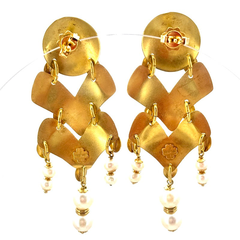 Orecchini pendenti vintage, chandelier, perle e oro - 7 cm; 17.45 gr